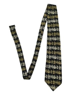 Vicky Davis Robot Print Silk Tie Black Gold Novelty Y2K Vintage